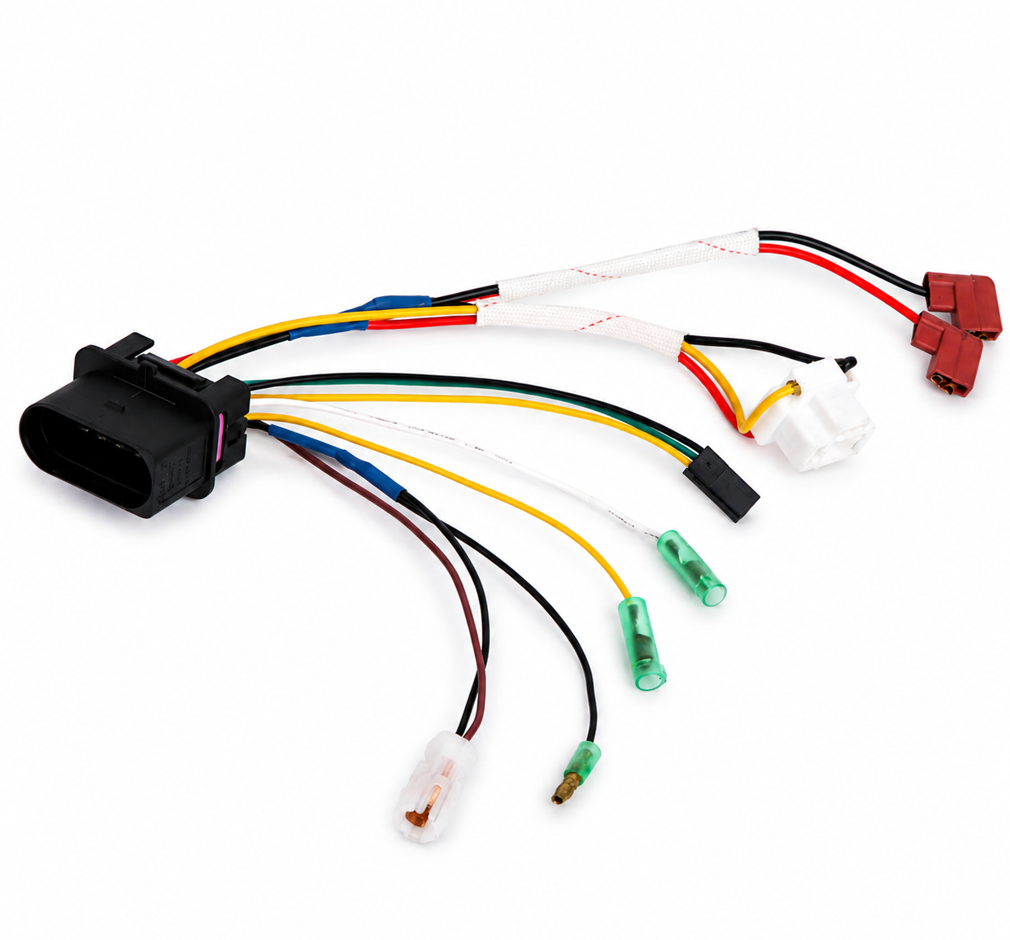 Multi-color terminal connector spread showing wire colors and pin layout