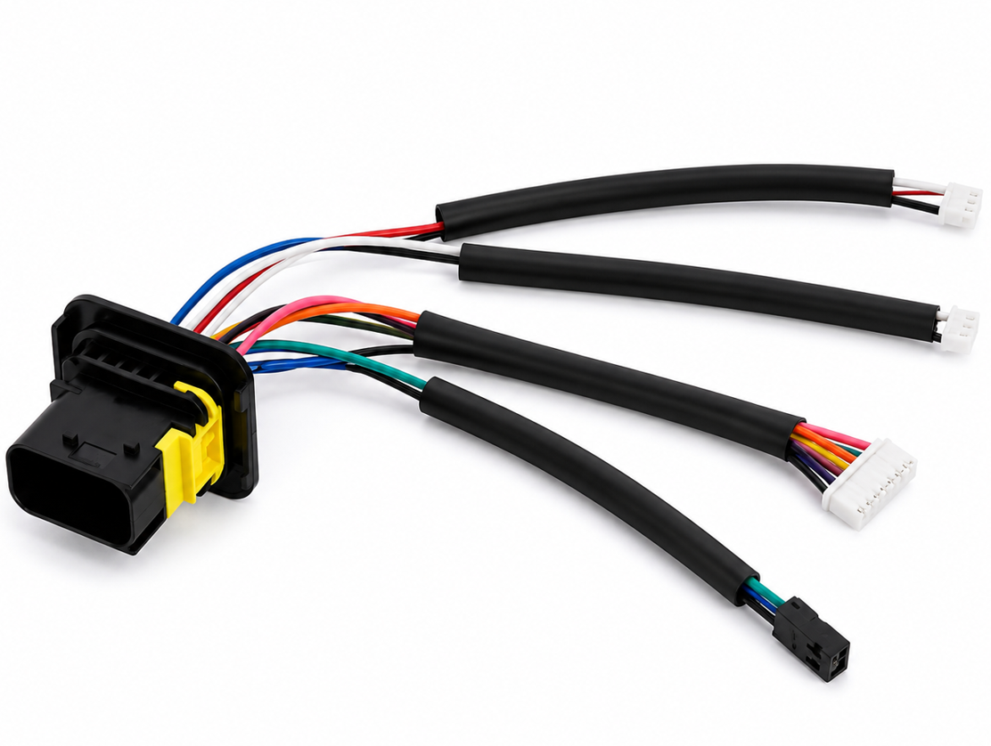 OBD-style headlight harness connector with branched output cables