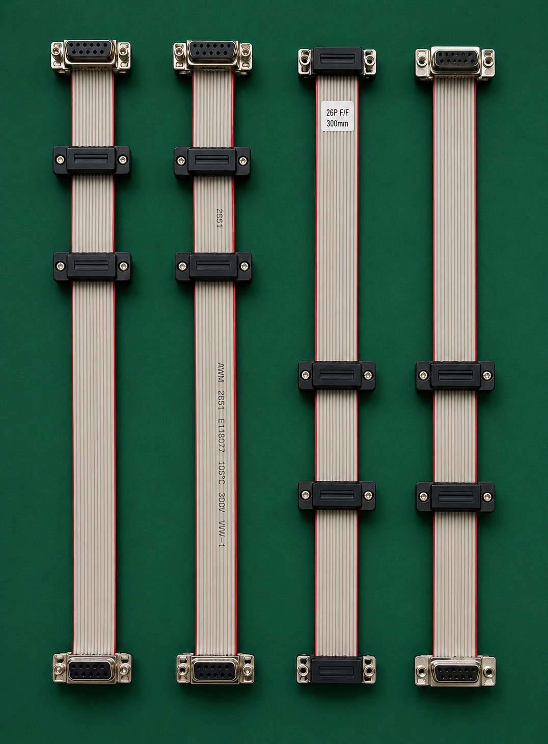 Four ribbon cable lengths with IDC mass-termination connectors