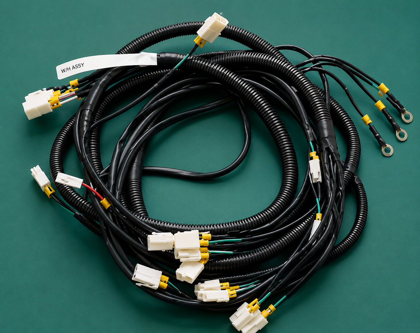 Main harness with corrugated conduit, white KET connectors and ring terminals