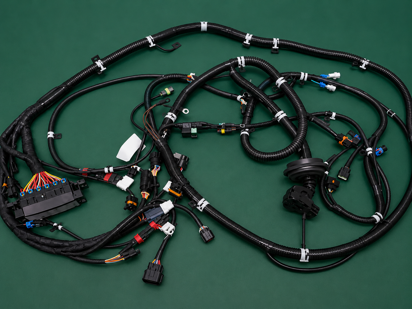 Heavy-duty harness variant with central fuse box and rubber-boot connectors