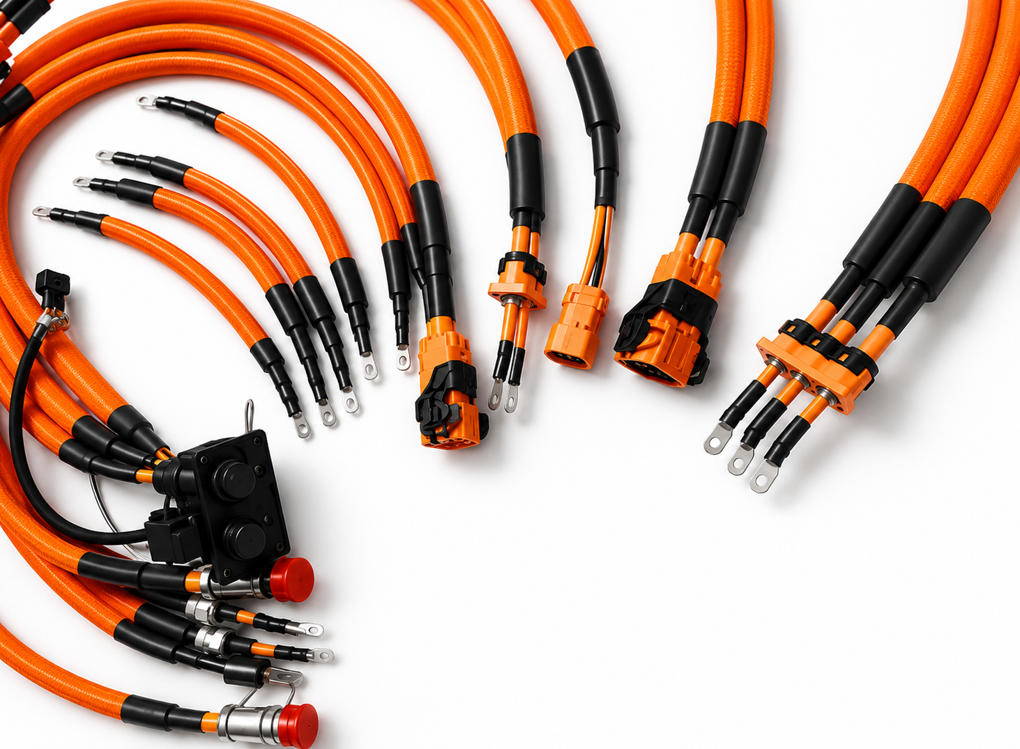 Long orange XLPE main HV power cable with 4-color ring terminals