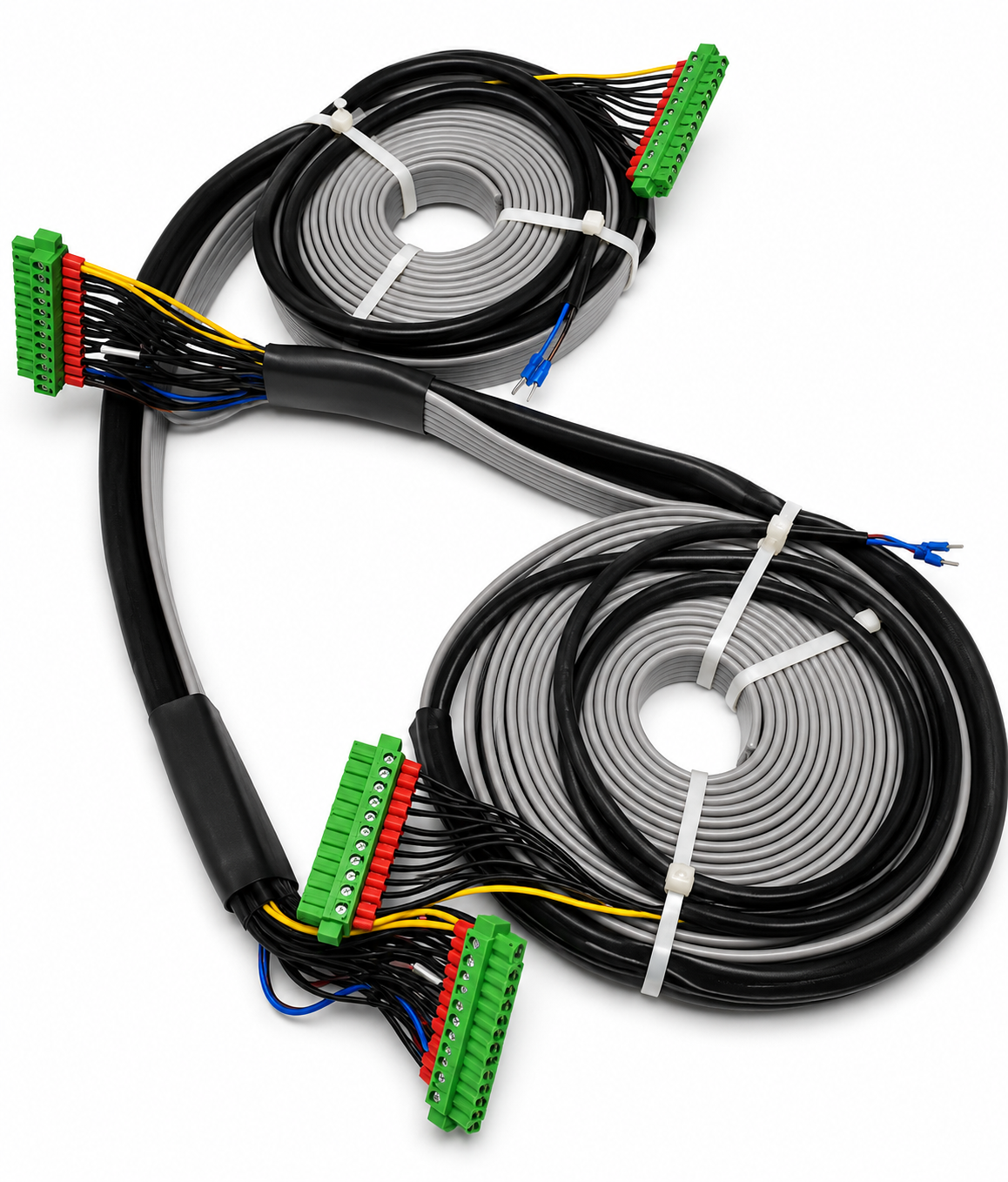 Black and gray flat cable reels with multi-color core breakout