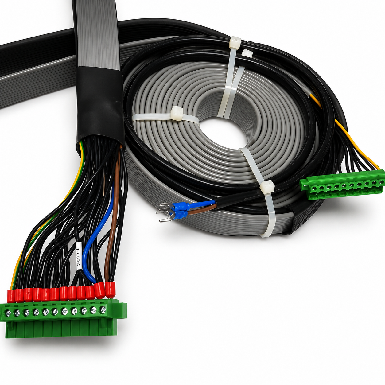 Green Phoenix-style terminal block detail with gray flat cable reel