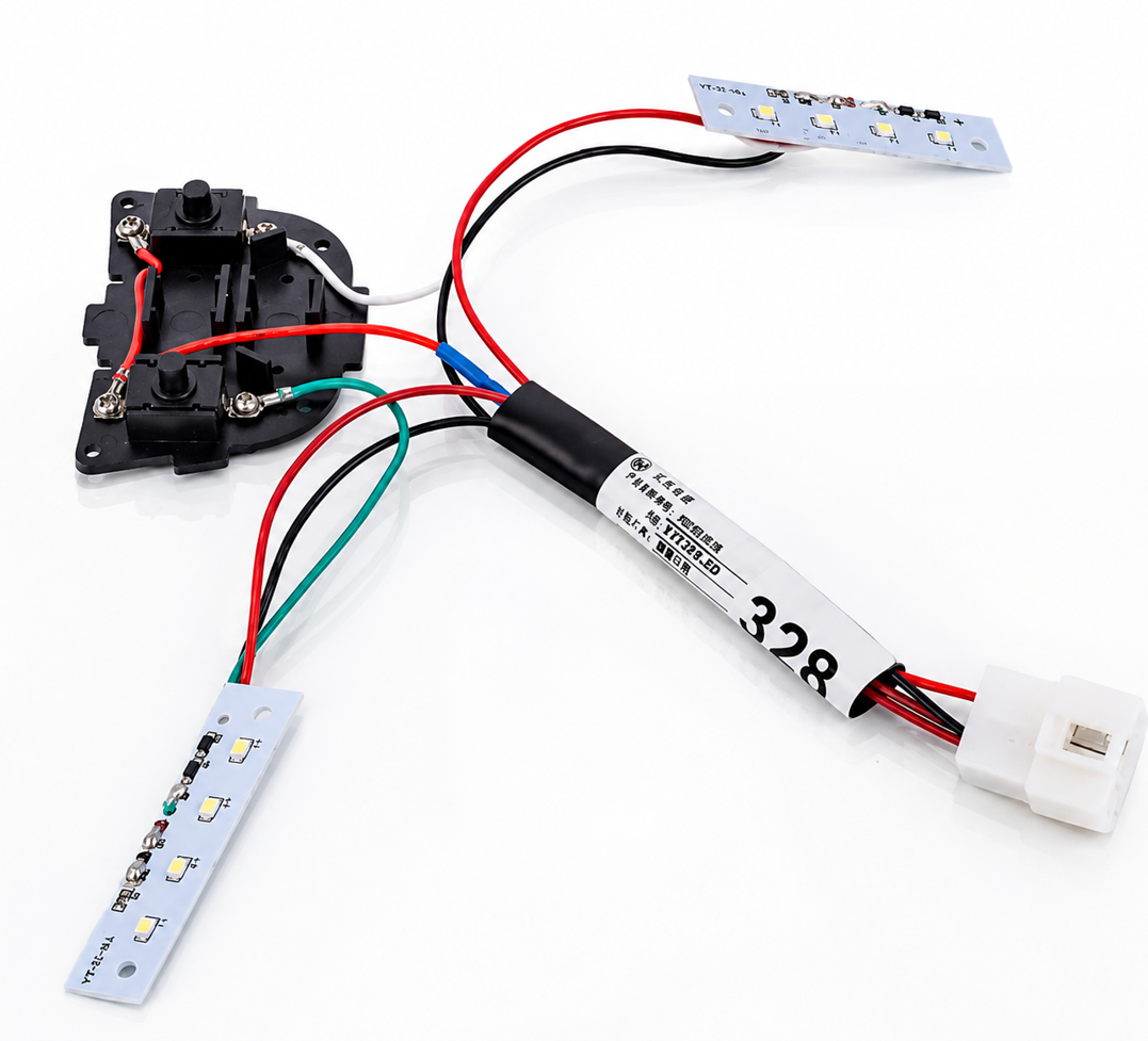 LED PCB + switch module + connector detail view
