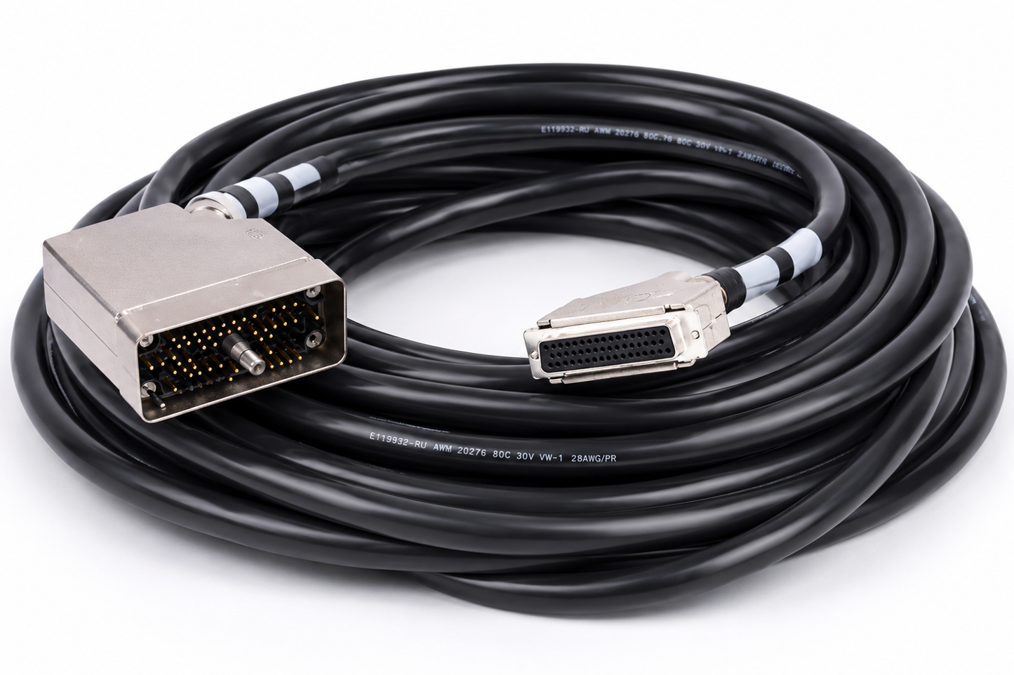 Heavy-duty shielded power cable with multi-pin metal-shell connector