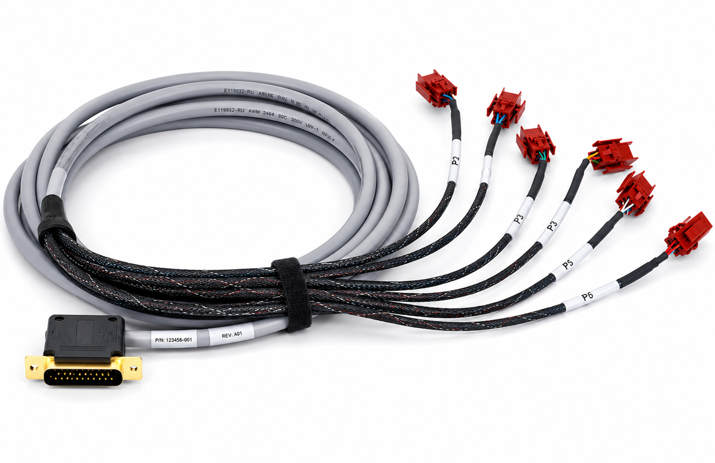 DB25 fan-out signal harness with six HRS branch connectors
